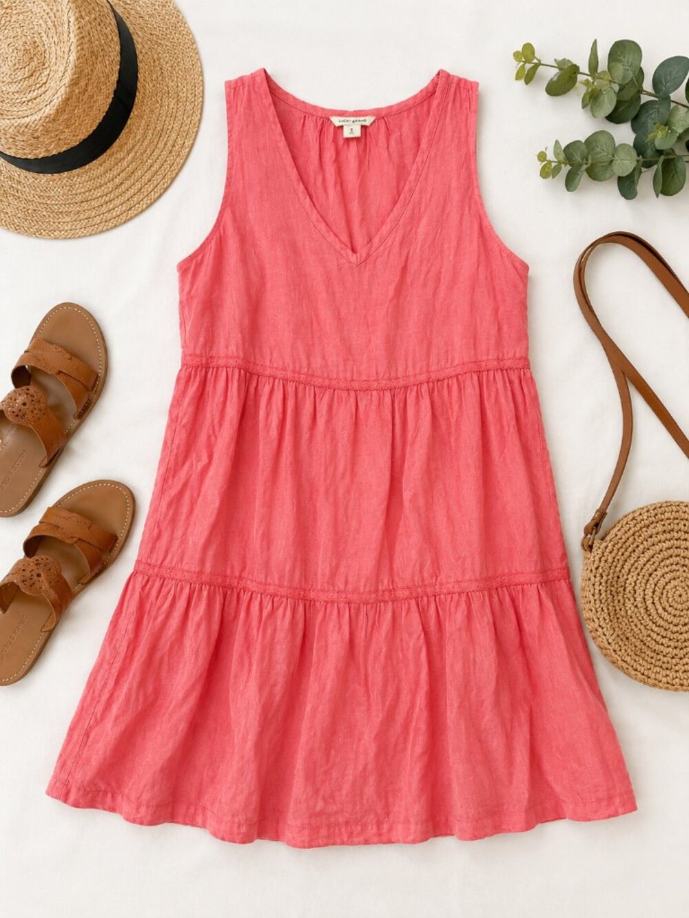 Lucky Brand Size Small Coral 100% Linen Tiered Sleeveless V Neck Dress